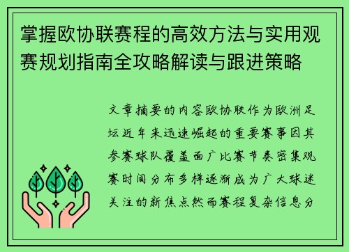 掌握欧协联赛程的高效方法与实用观赛规划指南全攻略解读与跟进策略